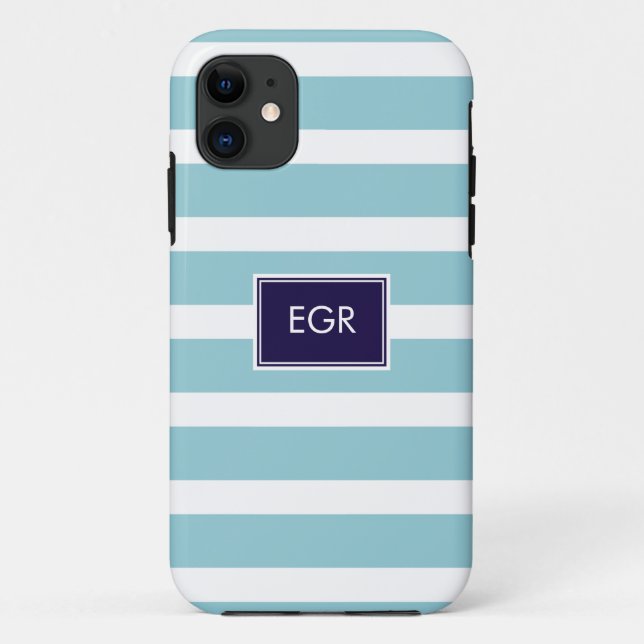 Monogram Stripes iPhone Cases (Aqua/Navy) (Back)