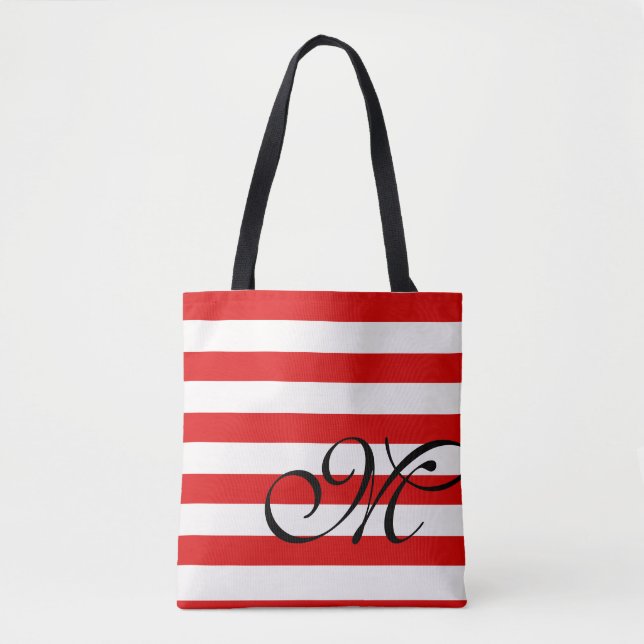 Monogram & Stripes Tote Bag- Red Bag (Front)