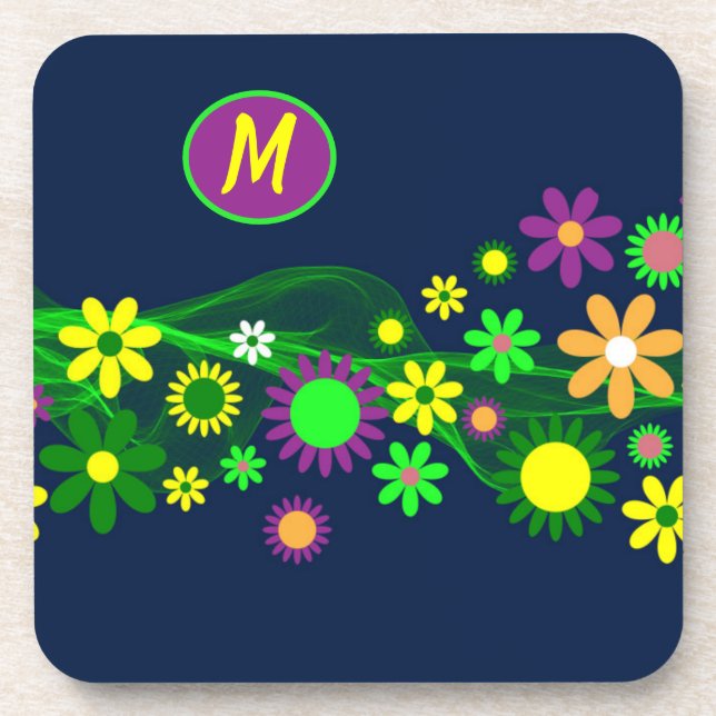 Monogram Stylish 60s Flower Design Coaster (Front)