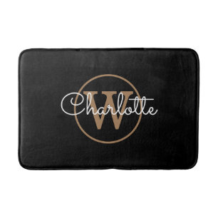 Monogram Stylish Feminine Script Black Gold Bath Mat