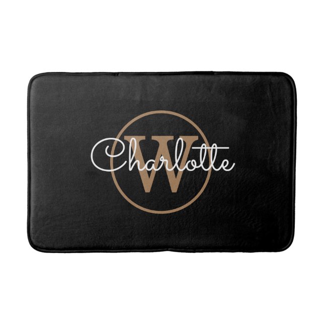 Monogram Stylish Feminine Script Black Gold Bath Mat (Front)