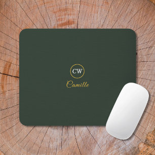 Monogram Stylish Gold & Forest Green Mouse Pad