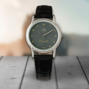 Monogram Stylish Gold & Forest Green  Watch