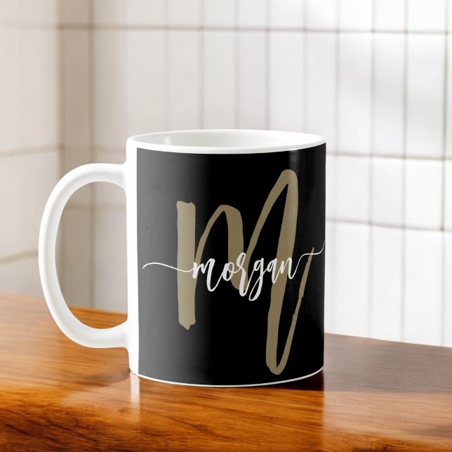 Monogram Stylish Modern Black Gold Coffee Mug (Creator Uploaded)