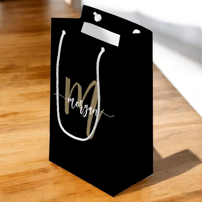 Monogram Stylish Modern Black Gold Small Gift Bag (Creator Uploaded)