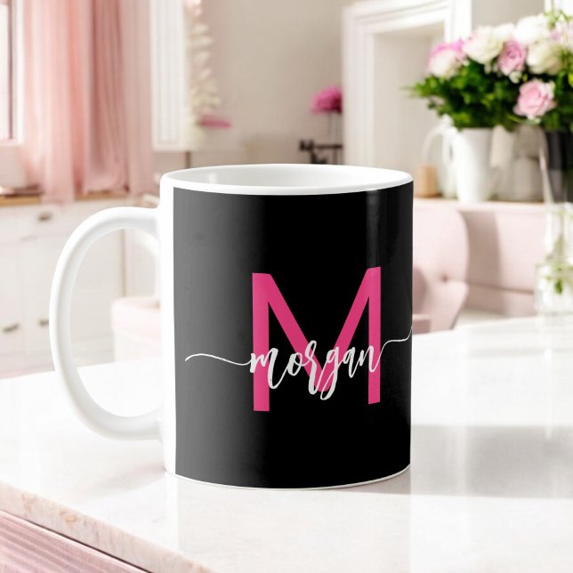 Monogram Stylish Modern Hot Pink Black Coffee Mug (Creator Uploaded)
