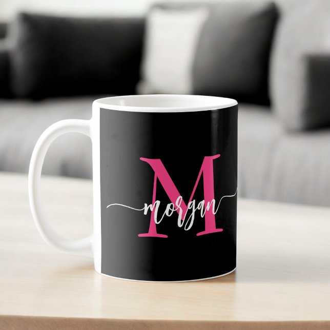 Monogram Stylish Modern Hot Pink Black Coffee Mug (Creator Uploaded)