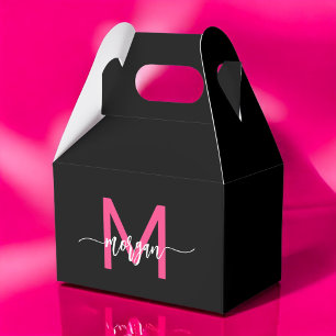 Monogram Stylish Modern Hot Pink Black Favour Box