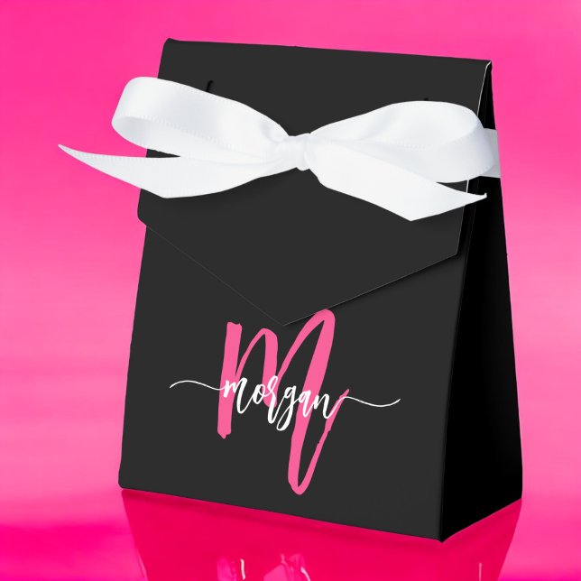 Monogram Stylish Modern Hot Pink Black Favour Box (Creator Uploaded)