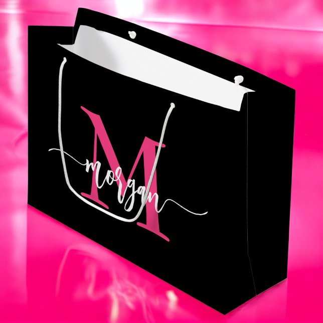 Monogram Stylish Modern Hot Pink Black Large Gift Bag (Creator Uploaded)