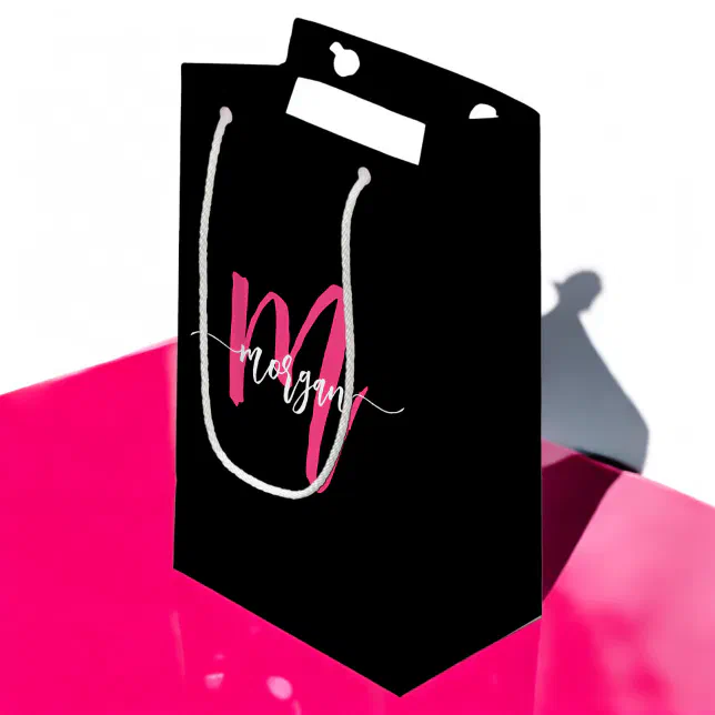 Monogram Stylish Modern Hot Pink Black Small Gift Bag Zazzle