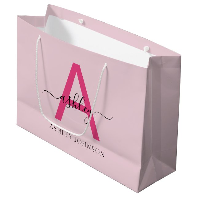 Monogram Stylish Modern Hot Pink Large Gift Bag (Front Angled)