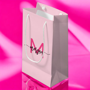 Monogram Stylish Modern Hot Pink Small Gift Bag