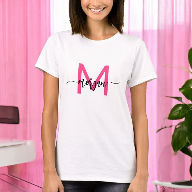 Monogram Stylish Modern Hot Pink T-Shirt (Creator Uploaded)