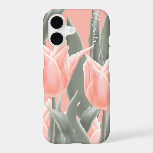 Monogram & Stylish Peach Tulips Flowers (Back)