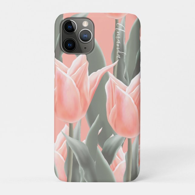 Monogram & Stylish Peach Tulips Flowers Case-Mate iPhone Case (Back)
