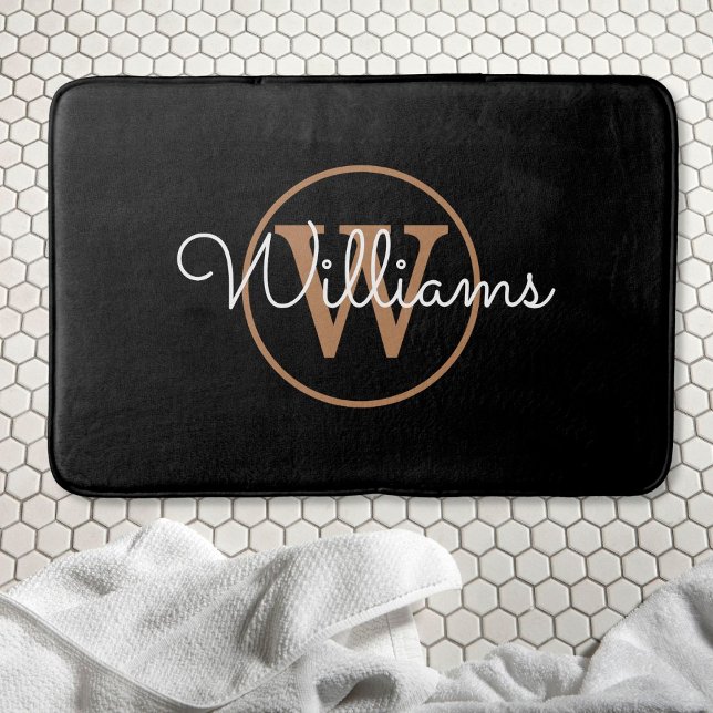 Monogram Stylish Script Black Gold Bath Mat (Creator Uploaded)