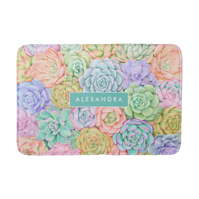 Monogram Succulents Watercolor Colourful Pastel Bath Mat (Front)
