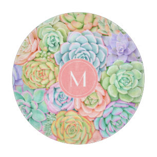 Monogram Succulents Watercolor Colourful Pastel Cutting Board