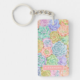 Monogram Succulents Watercolor Colourful Pastel Key Ring