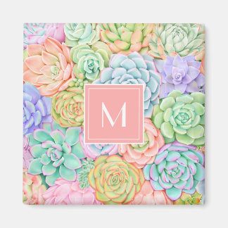 Monogram Succulents Watercolor Colourful Pastel Magnet