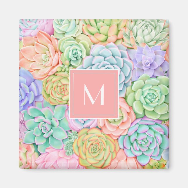 Monogram Succulents Watercolor Colourful Pastel Magnet (Front)