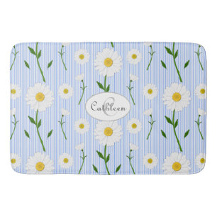 Monogram Summer Daisies Pattern Light Blue Stripe Bath Mat