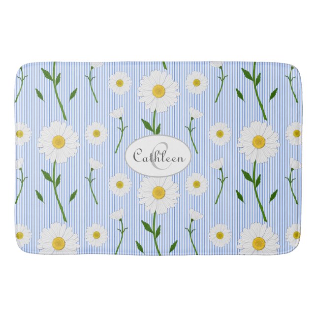 Monogram Summer Daisies Pattern Light Blue Stripe Bath Mat (Front)
