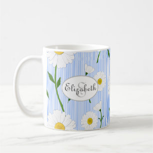 Monogram Summer Daisies Pattern Light Blue Stripe Coffee Mug