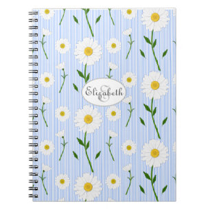 Monogram Summer Daisies Pattern Light Blue Stripe Notebook