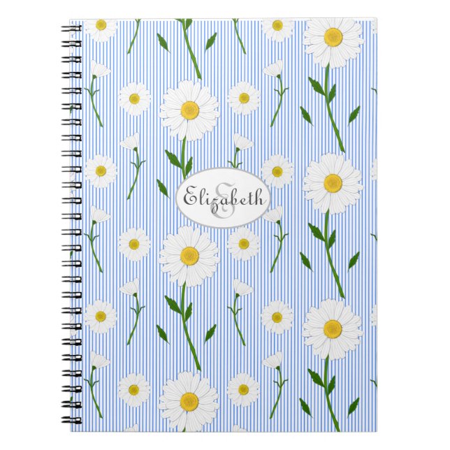 Monogram Summer Daisies Pattern Light Blue Stripe  Notebook (Front)