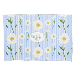 Monogram Summer Daisies Pattern Light Blue Stripe  Pillowcase