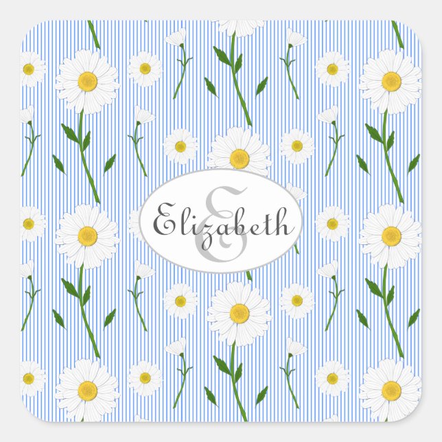 Monogram Summer Daisies Pattern Light Blue Stripe Square Sticker (Front)