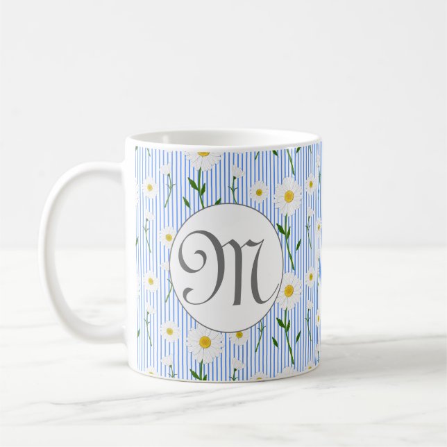Monogram Summer Daisy floral Pattern Blue Stripe Coffee Mug (Left)