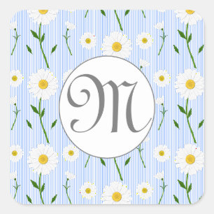 Monogram Summer Daisy floral Pattern Blue Stripe Square Sticker