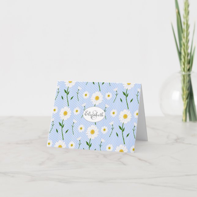 Monogram Summer Daisy Flower Pattern Blue Stripe Note Card (Front)
