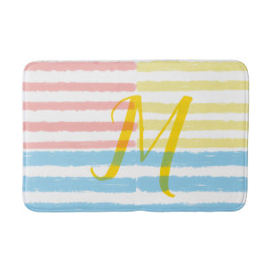 Monogram Summer Pink Blue Yellow Stripes Bath Mat