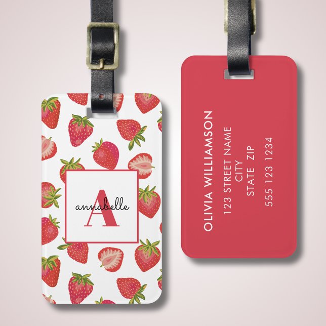 Monogram Summer Strawberry Personalised Luggage Tag (Strawberry monogram luggage tag. Add your own address and contact details, monogram and first name. )