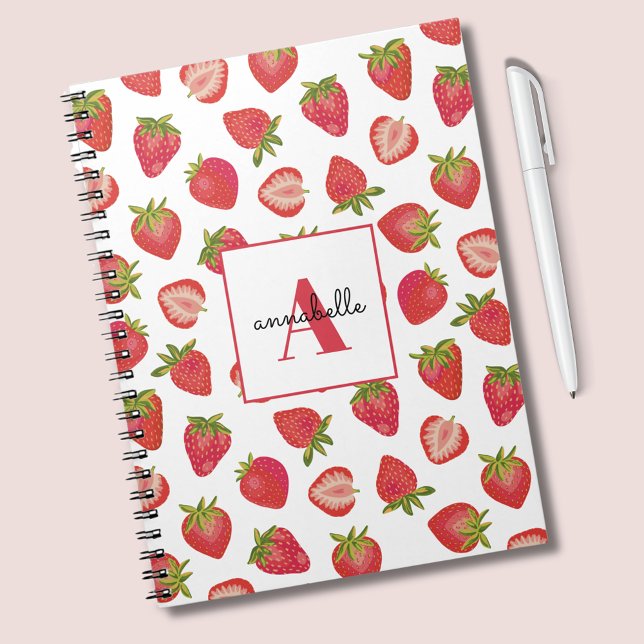 Monogram Summer Strawberry Personalised Notebook (Strawberry notebook with monogram and first name.)