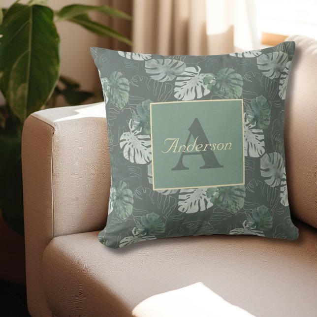 Monogram Summer Tropical Palm Leaves Watercolor  Cushion (Monogram Initial and Name Summer Tropical Palm Leaves Watercolor Outdoor Pillow )
