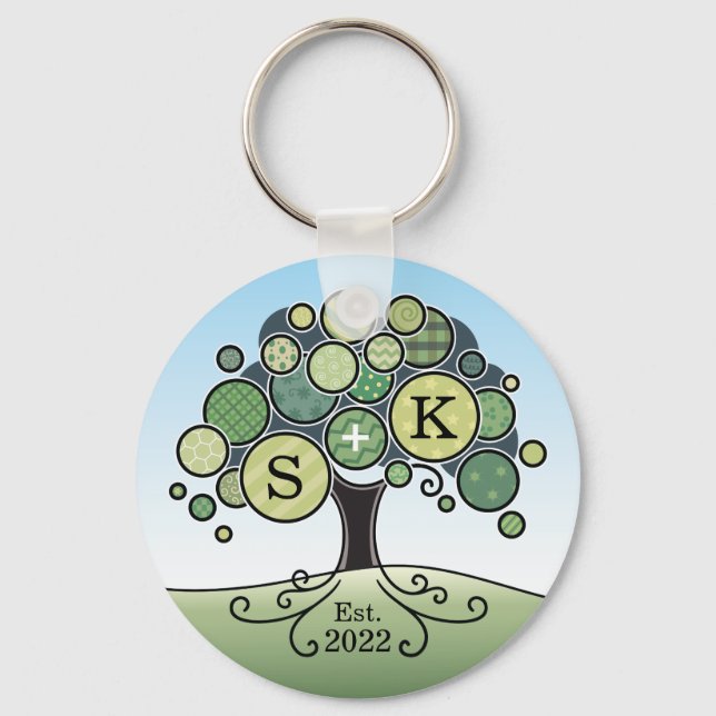 Monogram Summer Wedding Patchwork Pattern Tree Key Ring (Front)