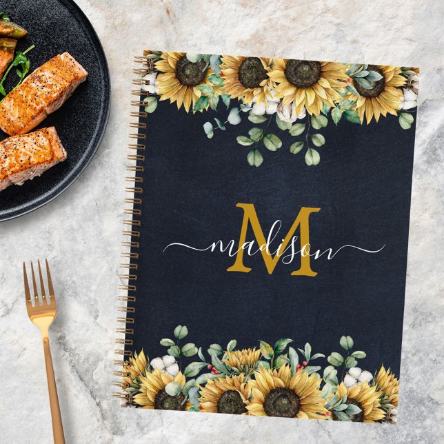 Monogram Sunflower Eucalyptus Black Recipe Book (In situ)