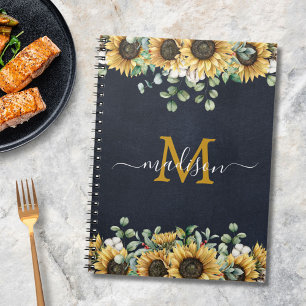 Monogram Sunflower Eucalyptus Floral Black Recipe Notebook