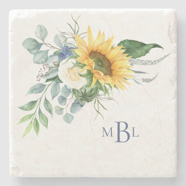 Monogram Sunflower Eucalyptus Stone Coaster (Front)