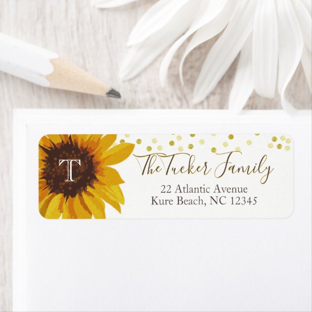 Monogram Sunflower Gold Dots Return Address Label (Insitu)