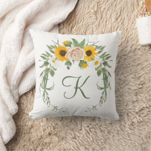 Monogram Sunflower Roses Greenery Floral Botanical Cushion