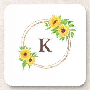 Monogram Sunflowers Gold Frame Green Leaves Rustic Coaster