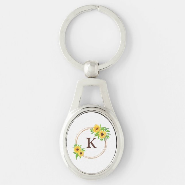 Monogram Sunflowers Gold Frame Green Leaves Rustic Key Ring (Front)