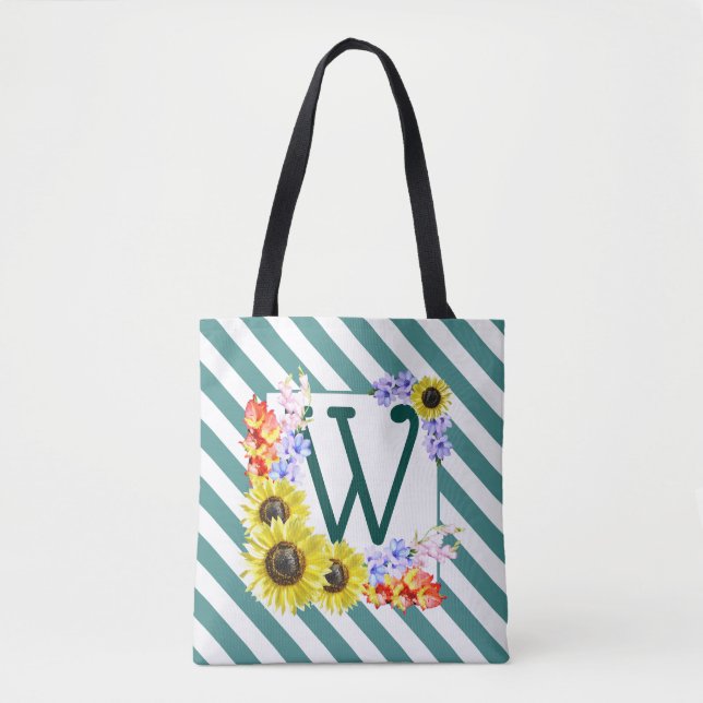 Monogram Sunflowers Teal Stripes Tote Bag (Front)