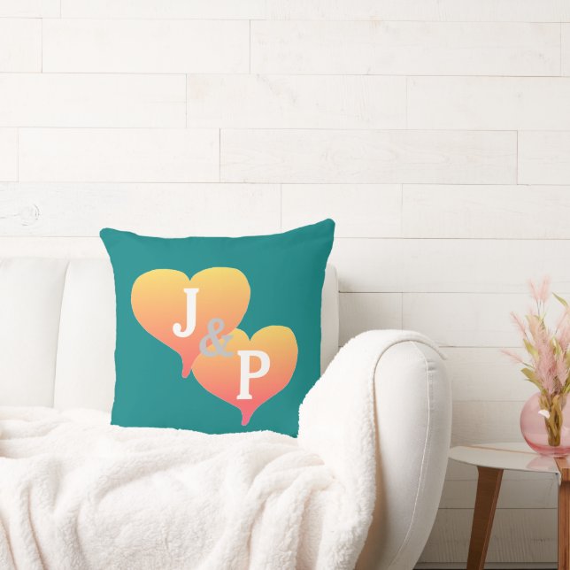 Monogram Sunset Heart Teal Green Reversible Pillow (Couch)